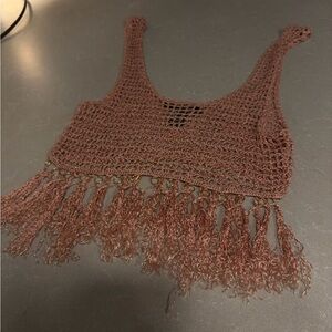 Unique Festival Inspired Salmon Peach Pink Crochet Top with fringe